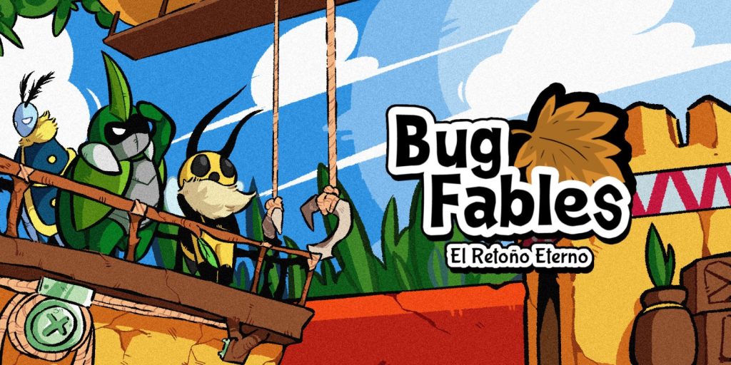 Imagen promocional de Bug Fables: El Retoño Eterno. Muestra a los tres protagonistas del juego en la parte izquierda y el logo del juego en la parte derecha.