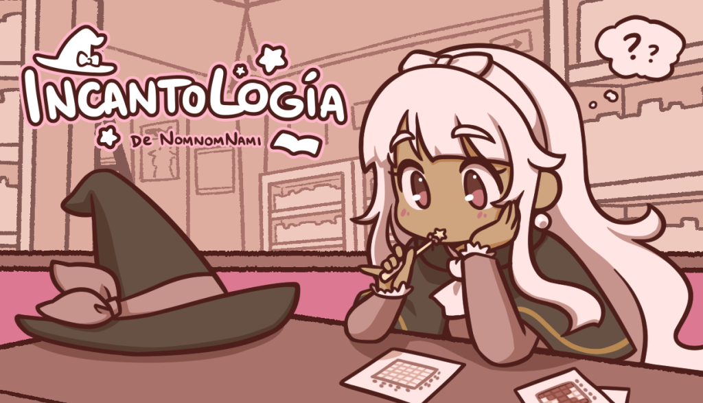 Imagen promocional de Incantología (Charm Studies) que muestra a Casia pensando mientras intenta resolver un nonograma. Imagen creada para el lanzamiento en Steam.